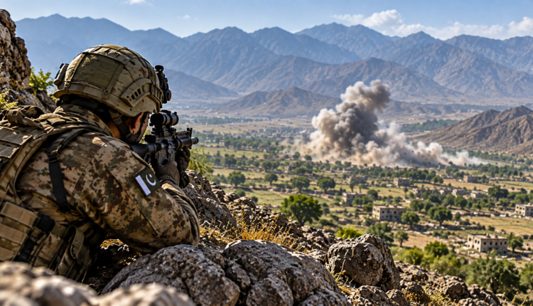 AI-generated illustration of a Pakistani soldier conducting a counterterrorism operation in a mountainous area, with smoke rising from a distant strike.