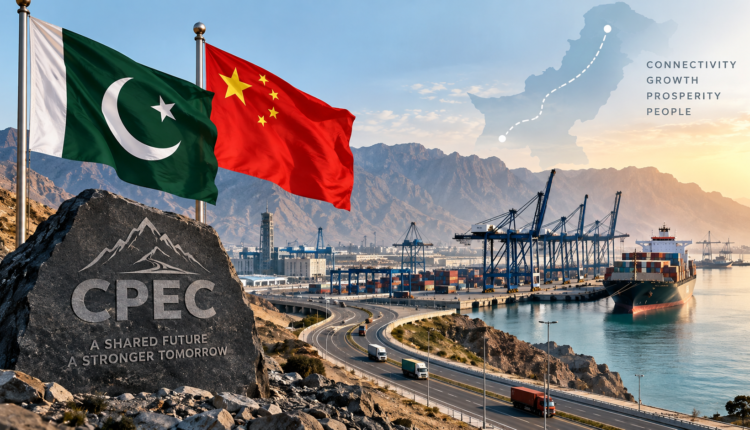 CPEC illustration showing Pakistan and China flags, a mountain highway, Gwadar-style port, cargo ship and trade infrastructure.