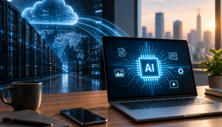 AI running locally on a laptop alongside cloud data centres, illustrating the shift toward on-device artificial intelligence.