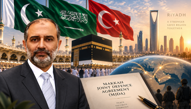 Lt Gen (R) Nauman Mahmood with Pakistan, Saudi Arabia and Türkiye flags, representing the Makkah Joint Defence Agreement and its Riyadh-based secretariat.