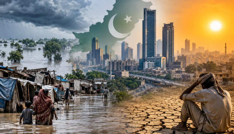 Urban development in Pakistan highlighting the growing impact of climate change, flooding, heatwaves and environmental challenges.