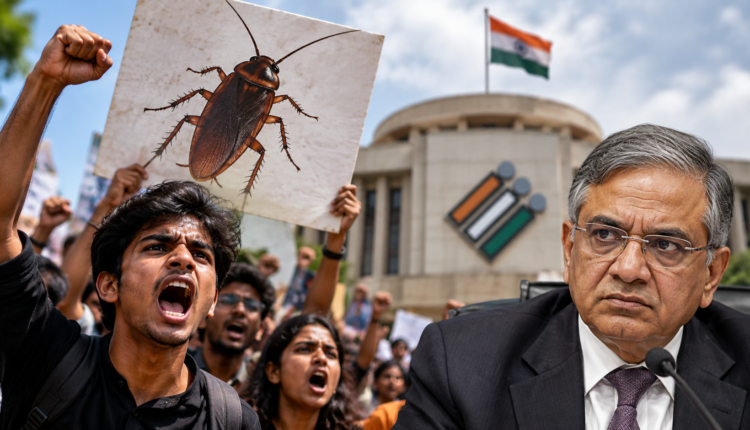 AI-generated illustration depicting India’s “Cockroach” youth movement and the Election Commission amid a 48-hour ultimatum to the election chief.
