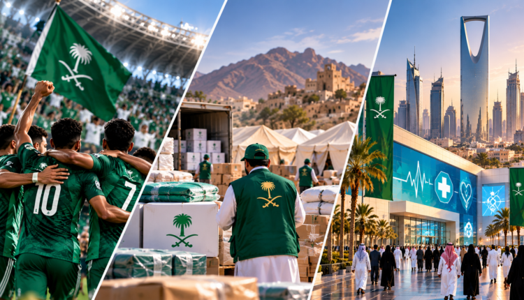 AI-generated illustration highlighting Saudi Arabia’s football victory, humanitarian aid for Yemen and the Global Health Exhibition in Riyadh.