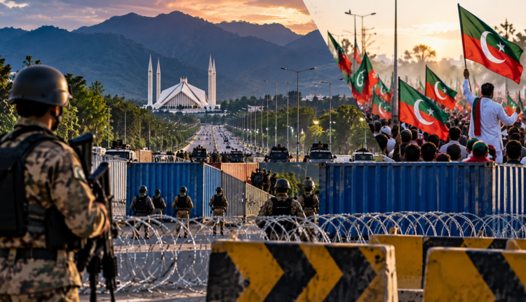 AI-generated illustration showing security measures in Islamabad ahead of PTI’s planned long march, with containers, security personnel and protesters.