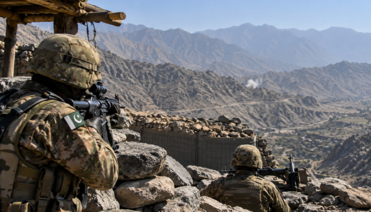 AI-generated illustration depicting Pakistani security forces deployed in a mountainous border area amid heightened Pakistan-Afghanistan tensions.