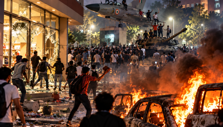 AI-generated illustration depicting violent student protests at an Indian university, with protesters, burning vehicles and campus unrest.