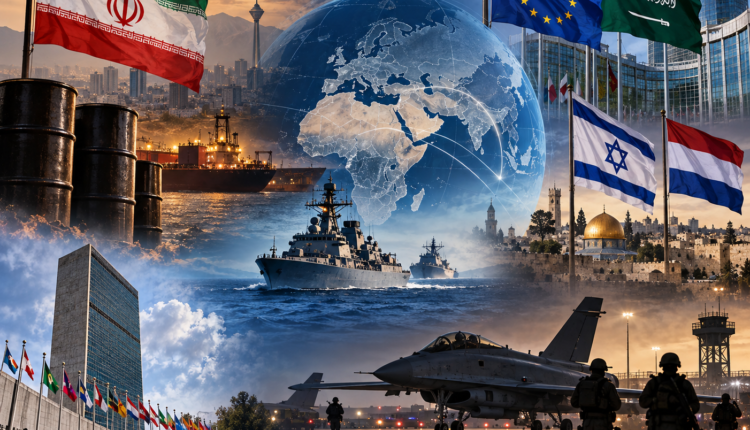 Global news illustration representing major international developments across the Middle East, Europe and Asia