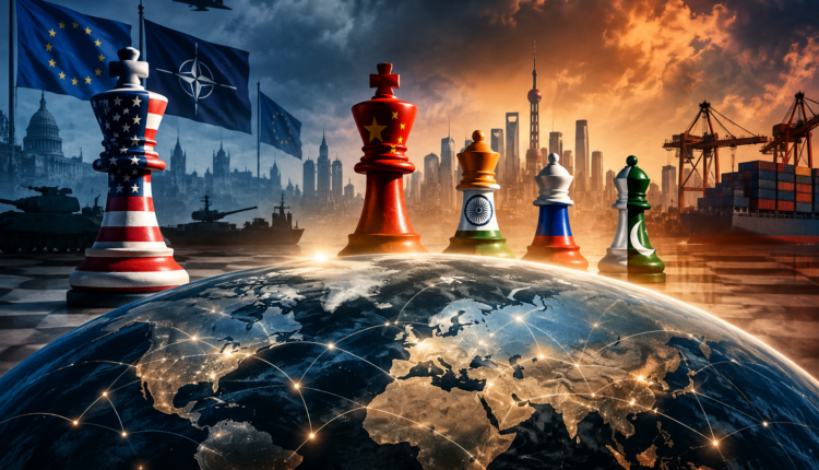 Illustration representing the changing global order, emerging powers and shifting geopolitical alliances between the United States, Europe, China and the Global South.
