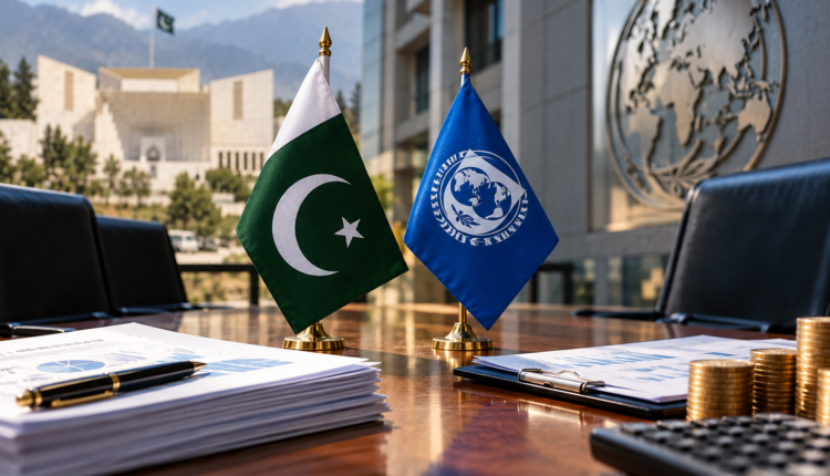 Pakistan and IMF flags displayed at a negotiating table as formal talks focus on economic reforms, taxation, circular debt and fiscal performance.