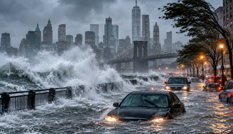 AI illustration depicting severe flooding, heavy rain and strong winds from a powerful nor’easter affecting New York and the US East Coast.