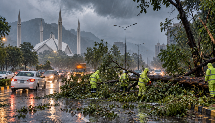 AI illustration depicting heavy rain and hailstorm conditions in Islamabad, with fallen trees blocking roads following severe weather early Monday.