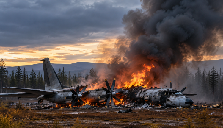 AI-generated illustration depicting a Russian Tu-95 military aircraft crash in a remote area, with flames and thick smoke rising from the wreckage.