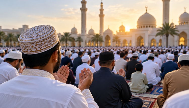 AI-generated illustration depicting Muslims offering Eid prayers,