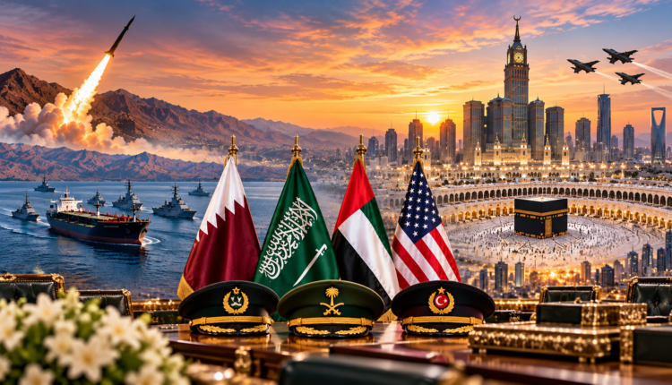 AI-generated illustration depicting Saudi Arabia’s regional diplomacy and security landscape, featuring Gulf and US flags, Pakistan-Saudi-Türkiye military symbols, maritime security, and Makkah.