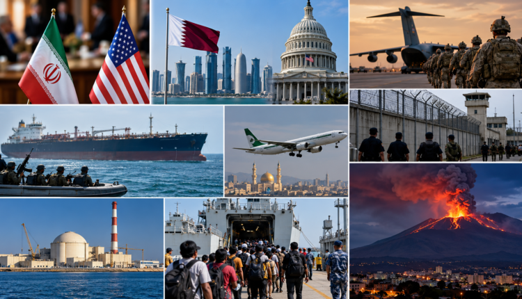 AI-generated illustration depicting major global developments, including Iran-US diplomacy, military movements, maritime security, aviation, nuclear energy and volcanic activity.
