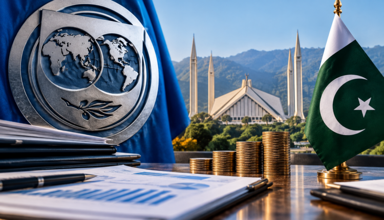 AI illustration depicting Pakistan-IMF talks in Islamabad, featuring the IMF emblem, Pakistan flag, Faisal Mosque and financial documents representing economic reforms and funding discussions.