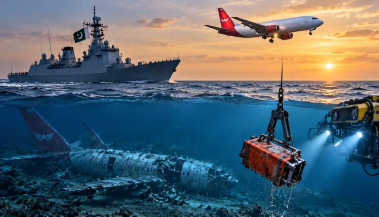 AI illustration showing a K2 Airways cargo aircraft, a Pakistan Navy warship and an underwater search operation locating the aircraft wreckage and black box in the Arabian Sea.