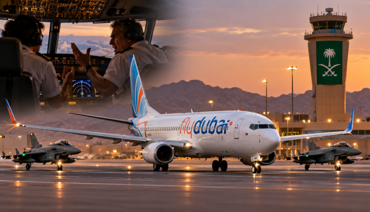 Alt text: AI illustration of a Flydubai aircraft making an emergency landing in Saudi Arabia after a reported cockpit dispute between pilots.