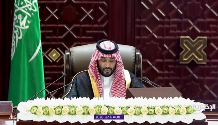 Saudi Crown Prince Mohammed bin Salman delivers the annual Royal Address on behalf of King Salman at the Shura Council in Riyadh.