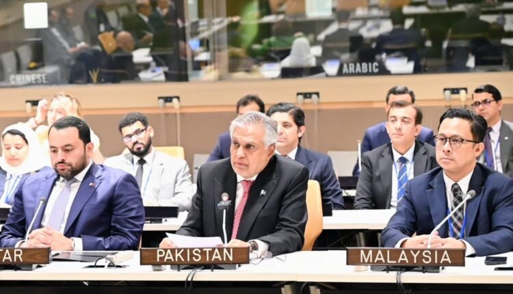 Pakistan Foreign Minister Ishaq Dar addresses the OIC Contact Group on Afghanistan.