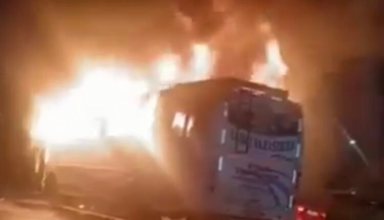 Sleeper bus damaged by fire on the Yamuna Expressway in Greater Noida, Uttar Pradesh, India.