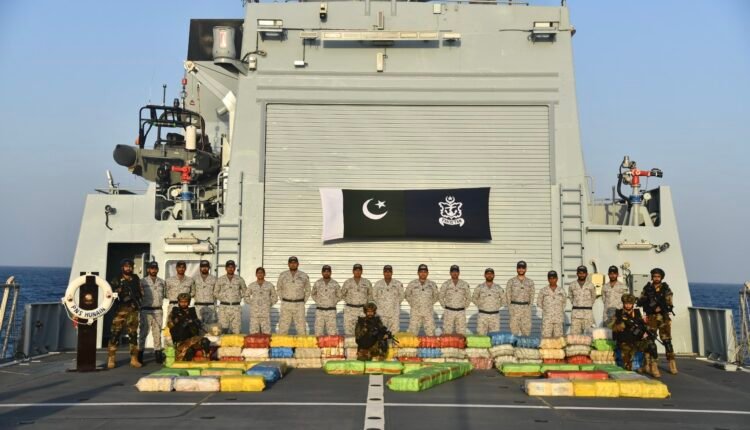 Pakistan Navy ships PNS HUNAIN and PNS YARMOOK during counter-narcotics operation in the Arabian Sea