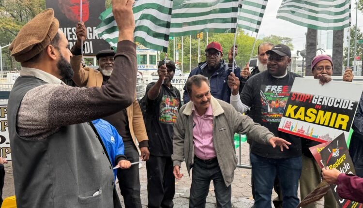 Kashmiri-American community members protest outside United Nations headquarters in New York during UNGA 2026