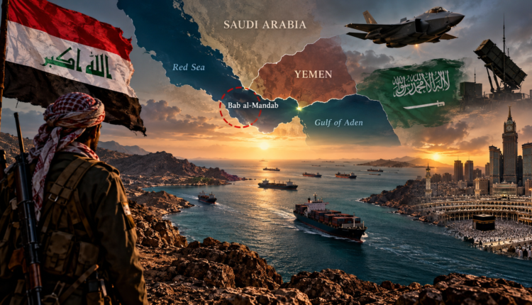 Bab al-Mandab Strait connecting the Red Sea and Gulf of Aden amid growing Houthi and Saudi security tensions.