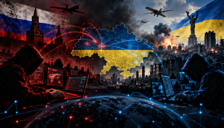 Russia-Ukraine cyberwar involving cyberattacks, hackers, digital espionage and threats to critical infrastructure.