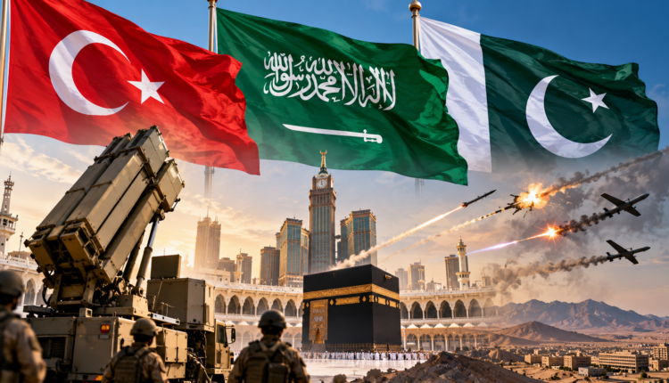 Illustration of the Makkah Joint Defence Agreement featuring the flags of Türkiye, Saudi Arabia and Pakistan, with air defence systems protecting Makkah against aerial threats, highlighting the pact’s defensive military cooperation.