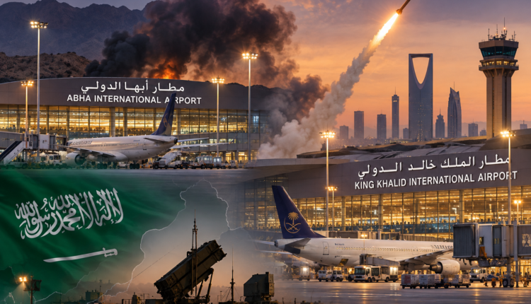 Riyadh and Abha airports targeted in attacks that killed three people and injured dozens in Saudi Arabia.