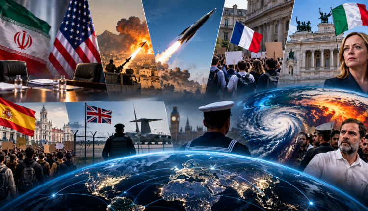 PPC Global Brief illustration featuring Iran-US diplomacy, Yemen military operations, South Korea’s hypersonic missile test, European protests, UK security developments, El Niño climate warnings and Indian political tensions.
