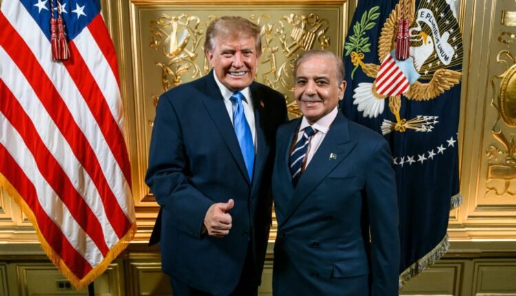 US President Donald Trump and Prime Minister Shehbaz Sharif share a cordial interaction during a reception for world leaders at the 81st UN General Assembly.