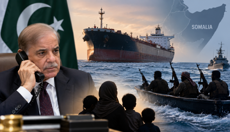 PM Shehbaz Sharif, an oil tanker and Somali pirates illustrate the incident in which three Pakistani sailors were killed off Somalia.
