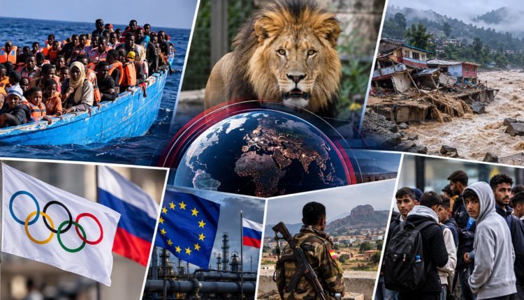 International news collage representing the Djibouti migrant boat tragedy, UK wildlife park lion attack, Nepal floods and major global developments.