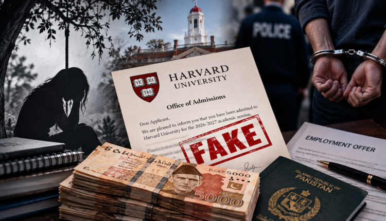 A suspected agent has reportedly been arrested in Islamabad following allegations of fraudulent Harvard admission documents and a separate employment promise.