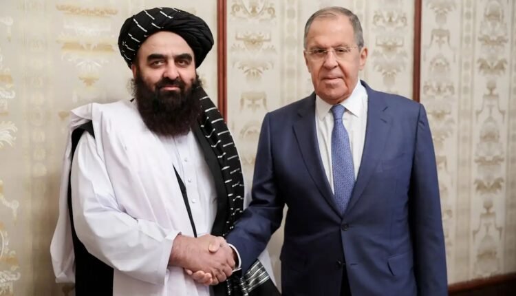 Amir Khan Muttaqi, left, Afghanistan’s acting foreign minister, shakes hands with his Russian counterpart, Sergei Lavrov, in Moscow on October 4, 2024. Photo: Russian Foreign Ministry.